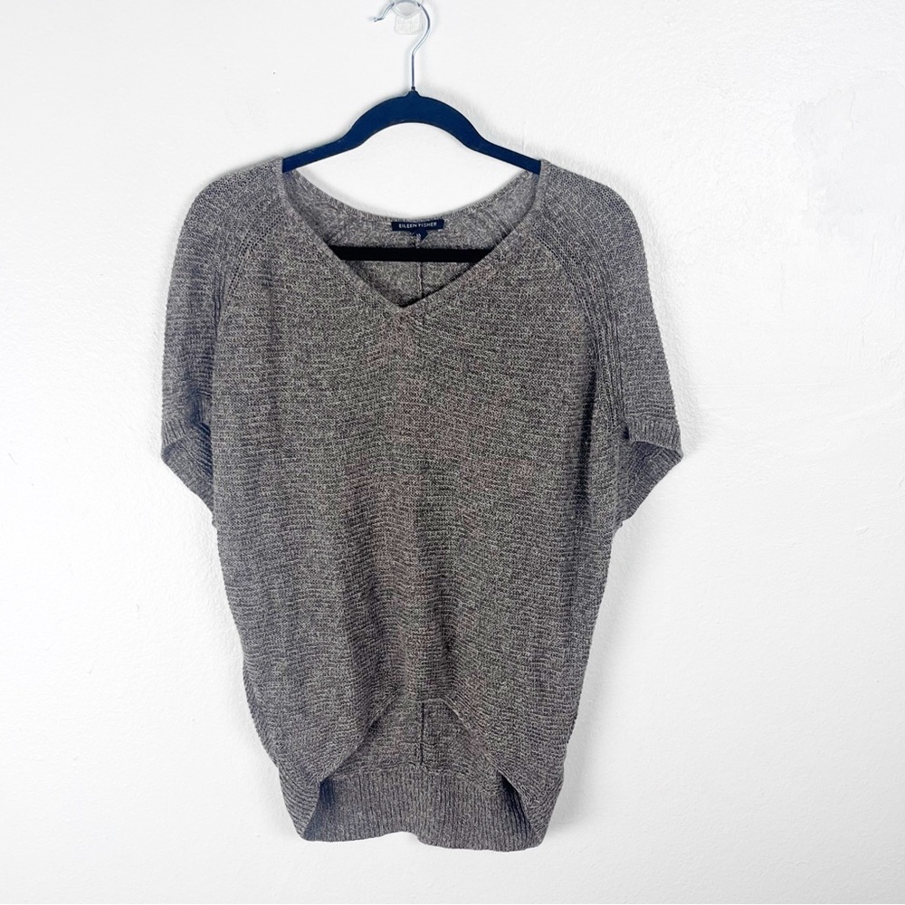 EILEEN FISHER Bark Brown 100% Linen Mesh Short Sleeves Sweater Top Size Small